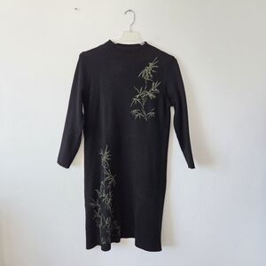 Black Knit Sweater Dress Mock Neck Sparkle Palm Leaf Botanical Ethnic Asian L